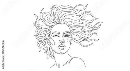 A striking portrait of a woman with flowing hair, rendered in a beautiful one line continuous art style, minimalist and elegant, perfect for modern design concepts
