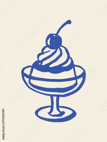 Panna cotta dessert in glass with cherry, naive sketch vector illustration