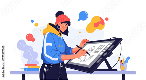 Digital Artist Using Graphic Tablet for Creative Illustration in Modern Setting