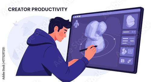 Digital Artist Using Modern Software To Creatively Design a 3D Shape or Object Successfully