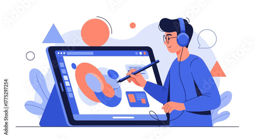 Digital Artist Using Tablet and Headphones Creating Contemporary Graphical Designs