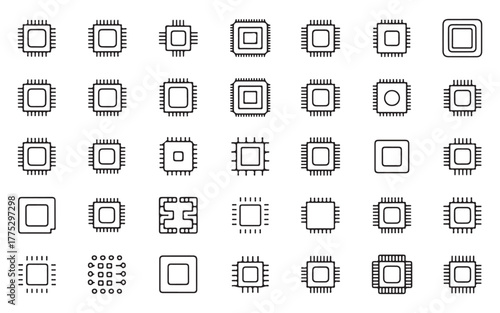  Collection of hand drawn microchip icons representing technology and computing