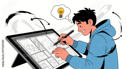 Digital Comic Artist Illustrating On Tablet And Having Creative Ideas With Lightbulb