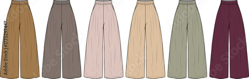 Collection of elegant wide-leg trousers in various neutral and muted colors, showcasing a sophisticated fashion design