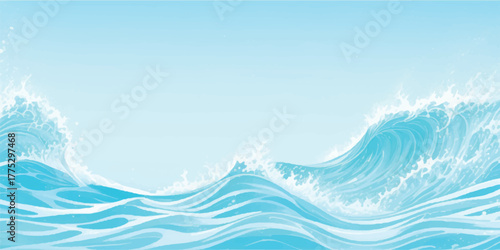 Illustration of ocean waves blue water surface with white foam vector background for summer designs