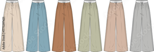 Collection of six different colored wide-leg trousers laid out flat against a white background