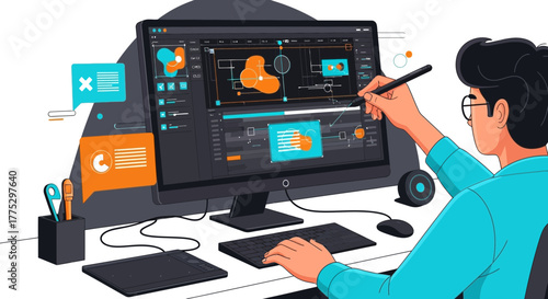 Digitally Crafting With Precision: A Modern Designer at Work on a Computer Display