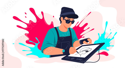 Digitally Illustrated Illustrator With Tablet Graphic Design Artist Working at The Studio
