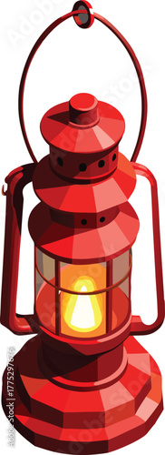 3d red lantern with glowing light.