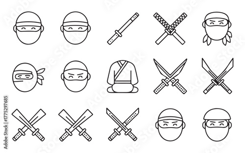  Collection of hand drawn ninja icons featuring masks swords and traditional attire