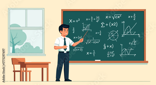 Educational Illustration Of A Teacher Explaining Mathematical Equations On A Chalkboard
