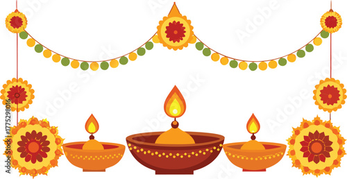 Diwali border decoration with glowing oil lamps, marigold garlands, and rangoli patterns.