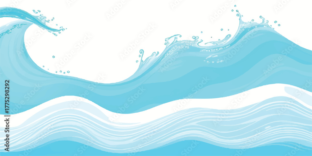 Fototapeta premium Stylized vector illustration of ocean waves light blue water with splashes isolated on a white background
