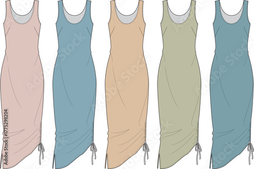 Stylish flat lay illustration featuring five women's sleeveless bodycon midi dresses with unique adjustable side ruching, presented in a palette of soft, fashionable colors