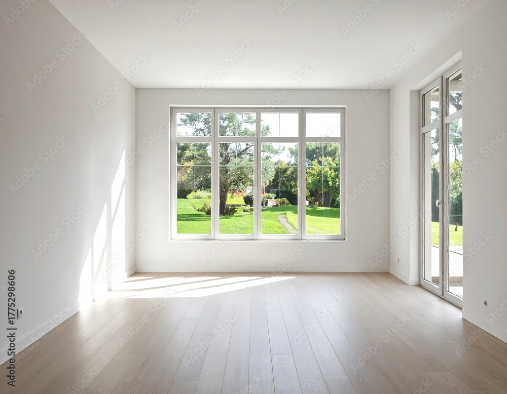 Fototapeta premium Bright, empty room with large windows showing a garden view. Light wood flooring