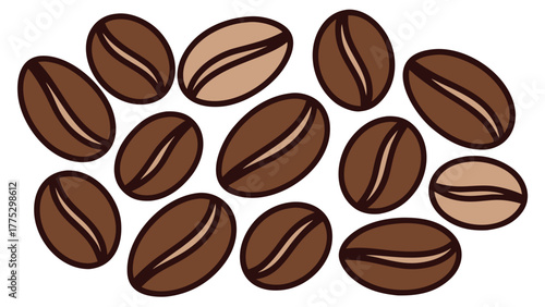 Vector illustration of assorted coffee beans in various shapes, sizes, and rich brown tones