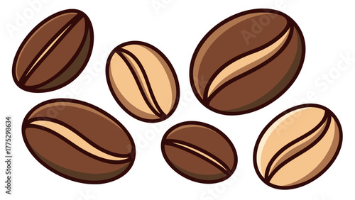 Vector illustration of assorted coffee beans in various shapes, sizes, and rich brown tones