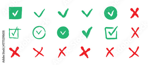 Grunge brush stroke checkmarks with tick and cross symbols. Black grunge style Hand drawn brush marker checklist symbol wrong right circle. Vector Illustration