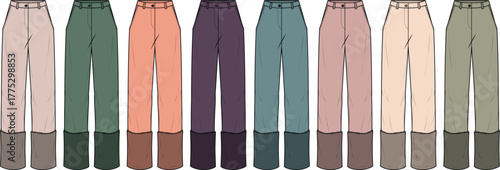 Fashionable women's trousers showcased in a diverse spectrum of nine individual colors, perfect for clothing design inspiration and apparel collections