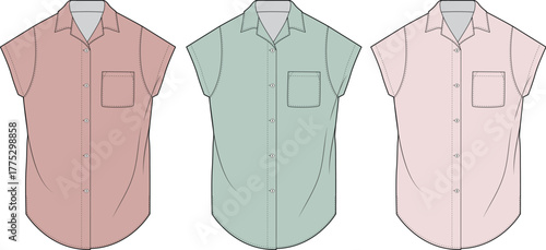 Vector set of women's short sleeve collared blouse fashion flats. Technical drawing illustration for apparel mockups and clothing design