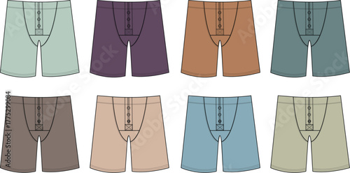 Set of eight boxer shorts in various colors and styles, presented as a flat design illustration on a white background, showcasing men's underwear options