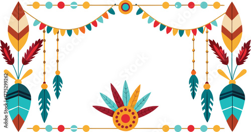 Native American festival border with feathers, totems, and beaded patterns, realistic style design.