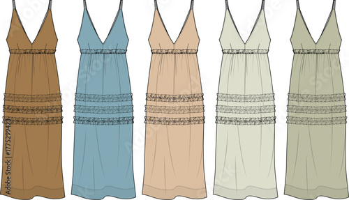 Various colored sleeveless summer dresses with spaghetti straps and tiered ruffle details isolated