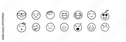 Doodle emoji set. Hand drawn sketch vector illustration. Pack of different expressions emoticons. Cute emoji line art icons. Vector Emoticon Expression Collection. 