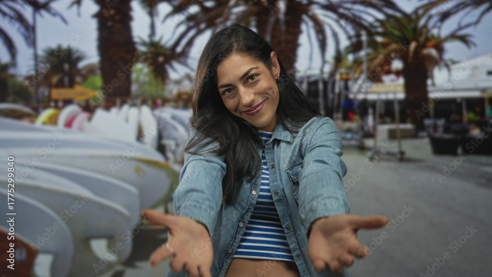 Fototapeta premium Woman with hands crossed over chest wearing denim jacket and striped crop top on street with surfboards and palm trees; gratitude connection.