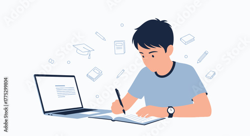 Online Education and Academic Pursuit Depicted Through Digital Illustration and Hard Work