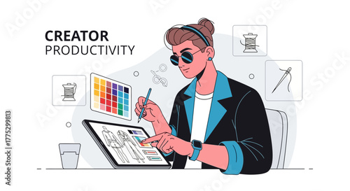 Fashion Designer Using Tablet And Color Palette Illustrating Creative Design Process Vector