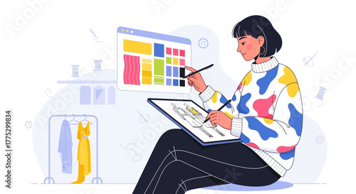 Fashion Designer Working On Designs With Digital Tablet and Color Palette