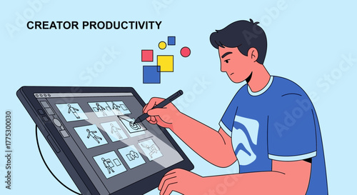 Illustration Of A Creative Individual Working on Digital Tablet And Achieving Productivity