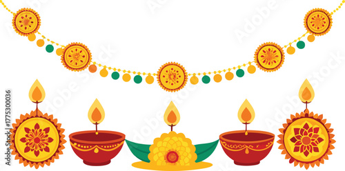 Realistic Diwali border decoration with glowing oil lamps, marigold garlands, and rangoli patterns.