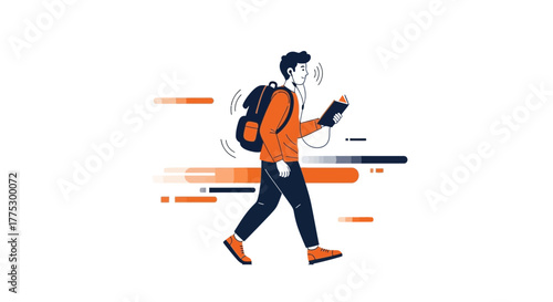 Illustration Of A Student Walking And Listening, Reading A Book, Creative Modern Design