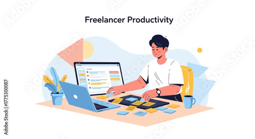 Illustration Of Freelancer Working Efficiently At Home With Modern Technology Solutions