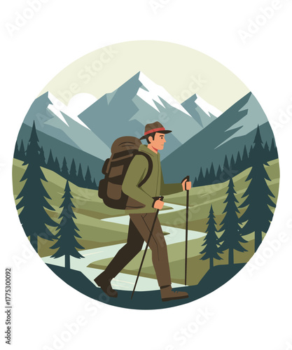 Couple Hiking Man Woman Trekking Poles Oval Art