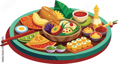 Realistic mixed-culture platter showing different national dishes in elegant composition design.