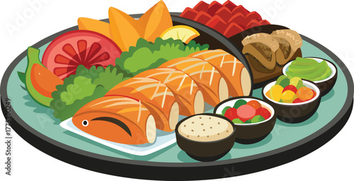 Realistic international food platter with sushi, tacos, croissants, and samosas arranged neatly.