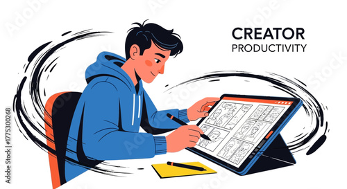 Inspiring Illustration Of A Creator Working Diligently On A Digital Tablet