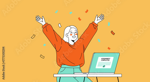 Joyful Person Celebrating Success After Finishing Homework With Assignment Completion