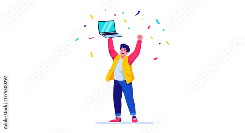 Joyful Person Celebrating Success By Holding Up a Laptop Computer High