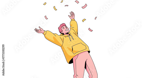 Joyful Person Celebrating Success and Happiness With Confetti Shower Celebration