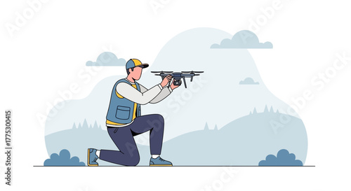Man Kneeling With Drone In Hand Outdoors Ready To Operate, Illustration, Aerial Technology