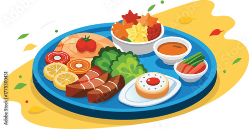 Realistic world platter showing popular dishes from Europe, Asia, and America.