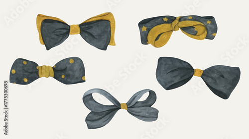 Luxury Black Gold Watercolor Ribbon, Satin Bow Tie for Gift, Holiday, and New Year Decor.