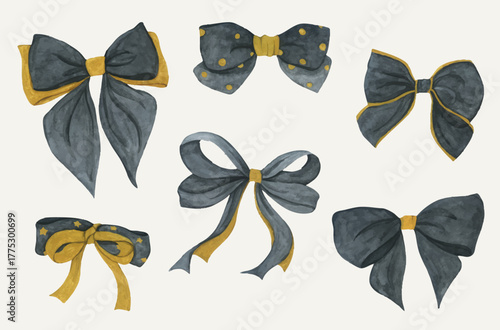 Luxury Black Gold Watercolor Ribbon, Satin Bow Tie for Gift, Holiday, and New Year Decor.