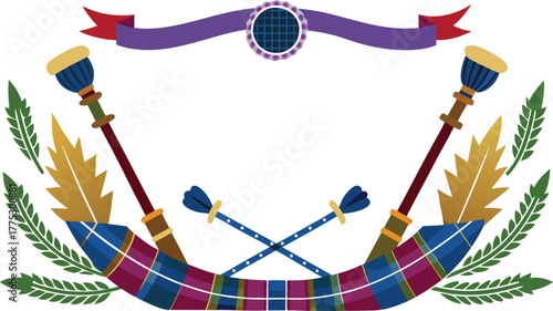  Scottish Highland festival border with tartan ribbons, bagpipes, and thistle flowers.
