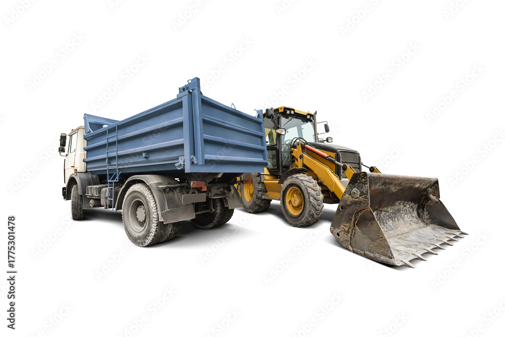Fototapeta premium A large truck and a backhoe loader on an isolated background, ready for rental and use in urban projects.