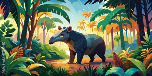 Malayan tapir in beautiful tropical rainforest, surrounded by lush vegetation, cartoon vector illustration